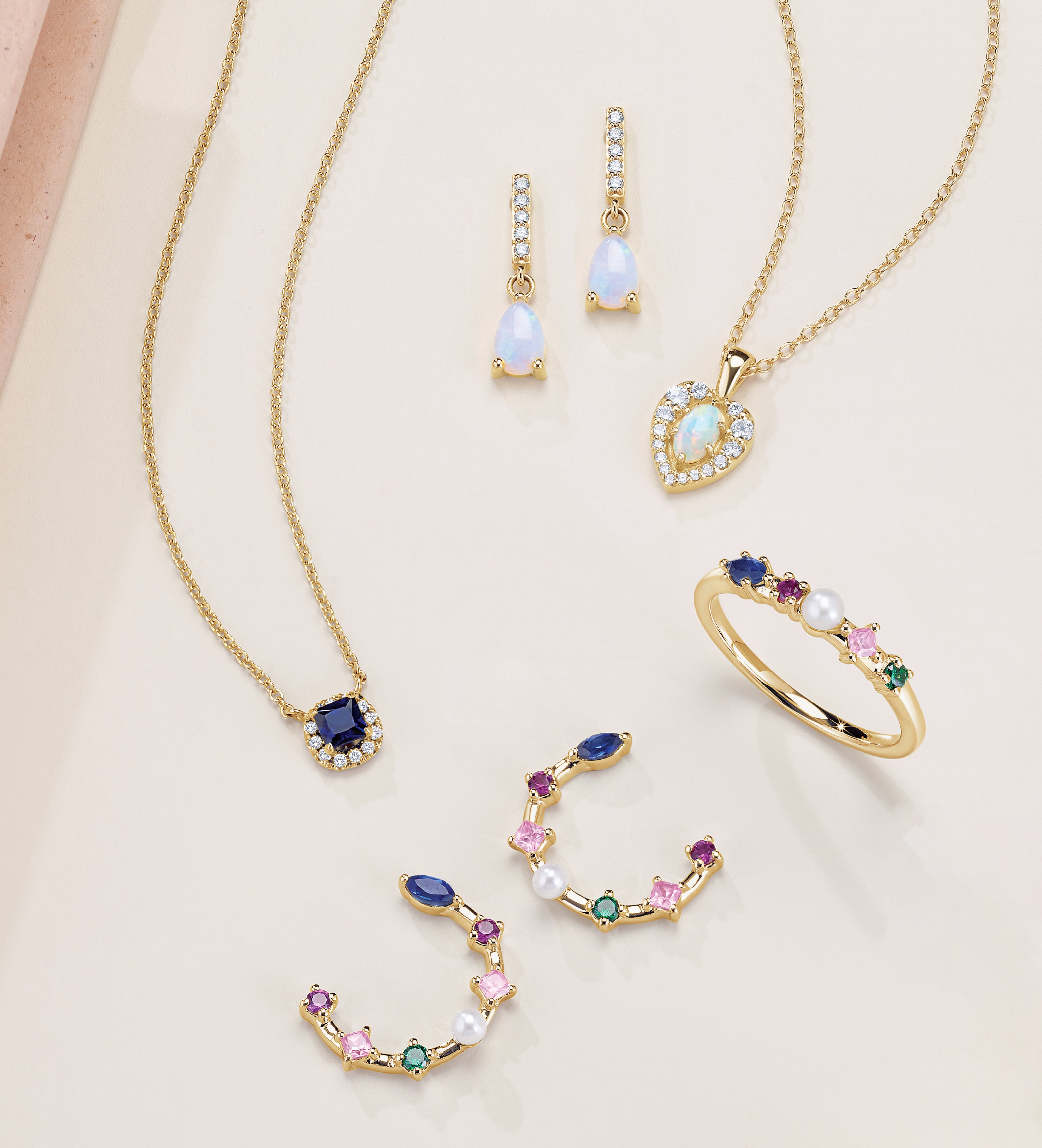White Opal & Diamond Earrings, opal heart and sapphire necklace