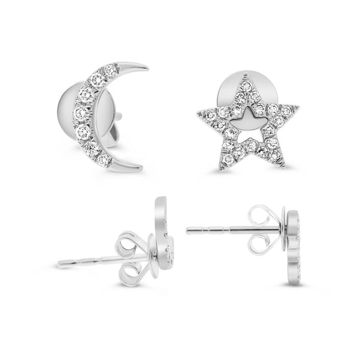 white gold Moon & Star Diamond Earring Studs