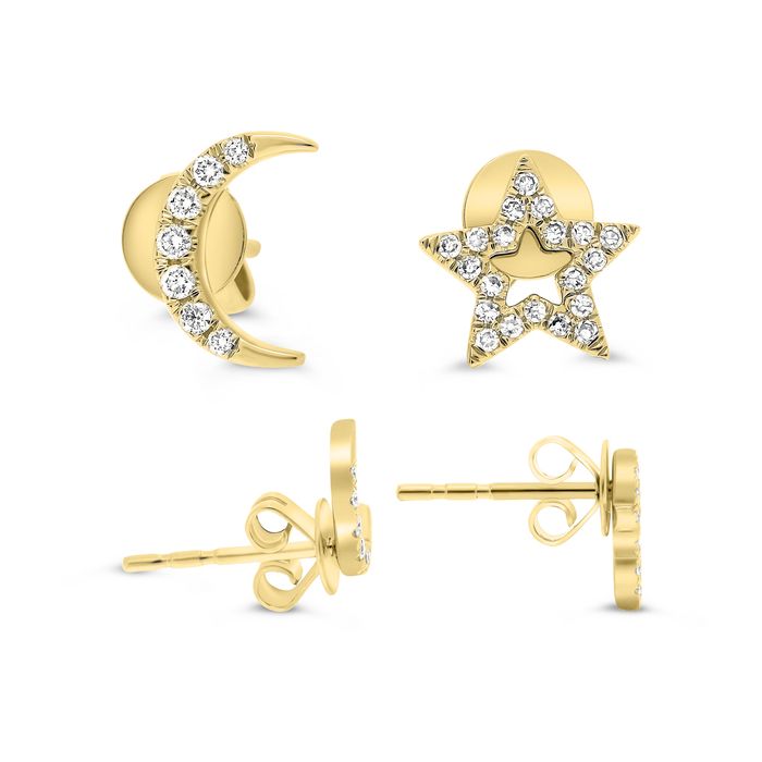 yellow gold Moon & Star Diamond Earring Studs
