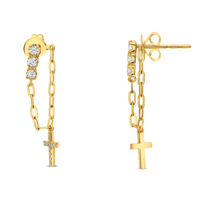 diamond and yellow gold chain cross earrings
