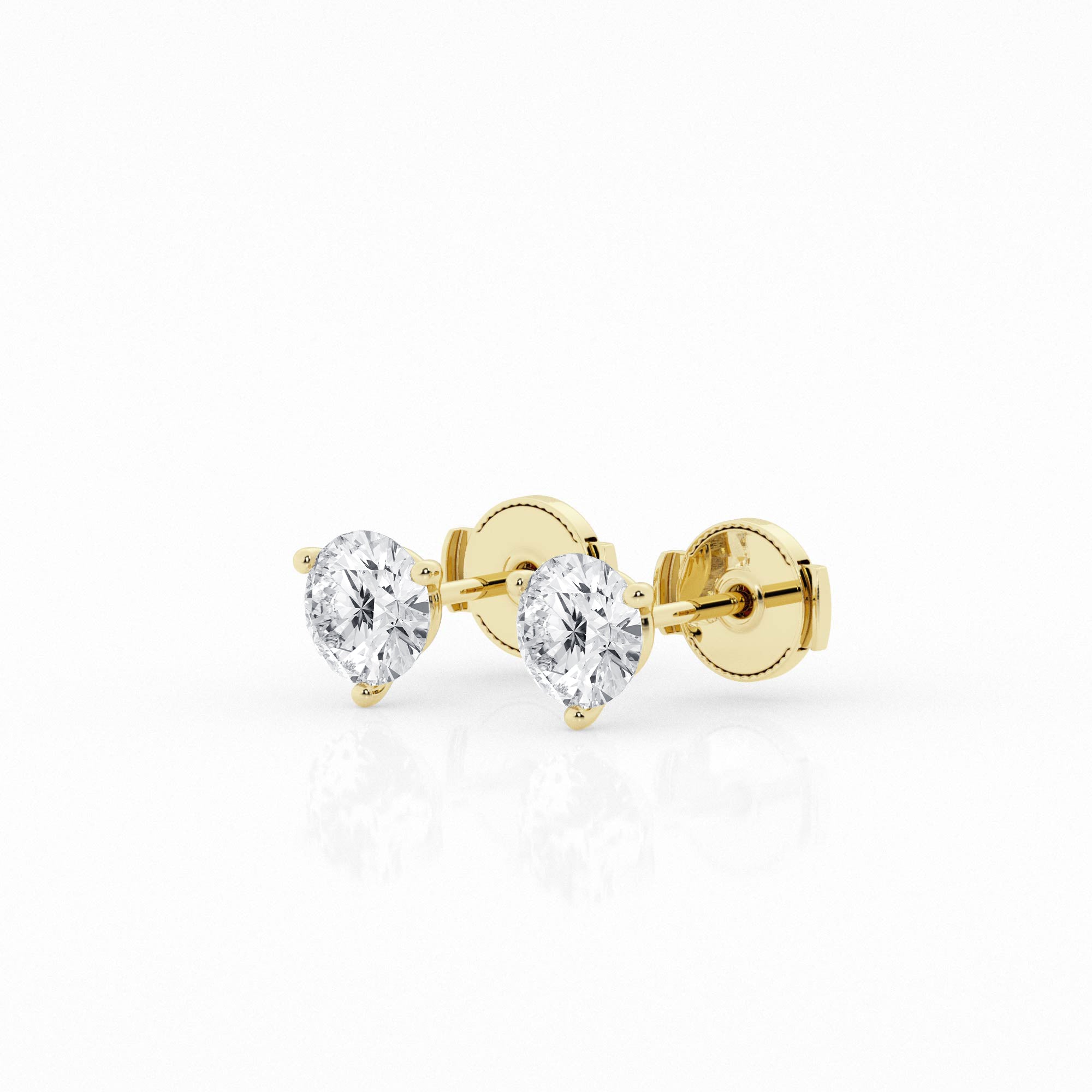 Yellow gold stud earrings adorned with 1.5 carat lab-grown round diamonds, side view