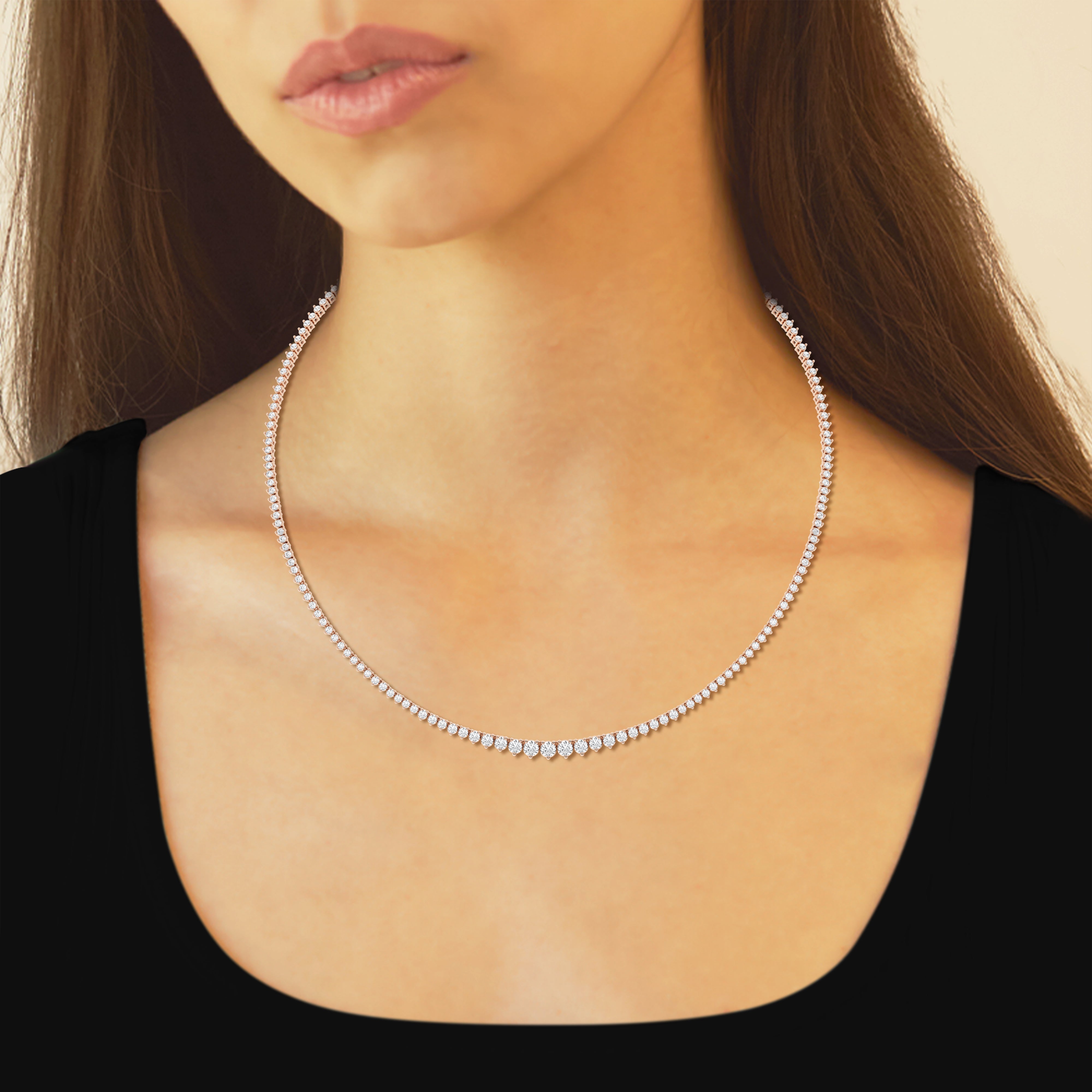 woman wearing 14K white gold Riviera necklace with lab-grown GH VS diamonds totaling 12.00 carats