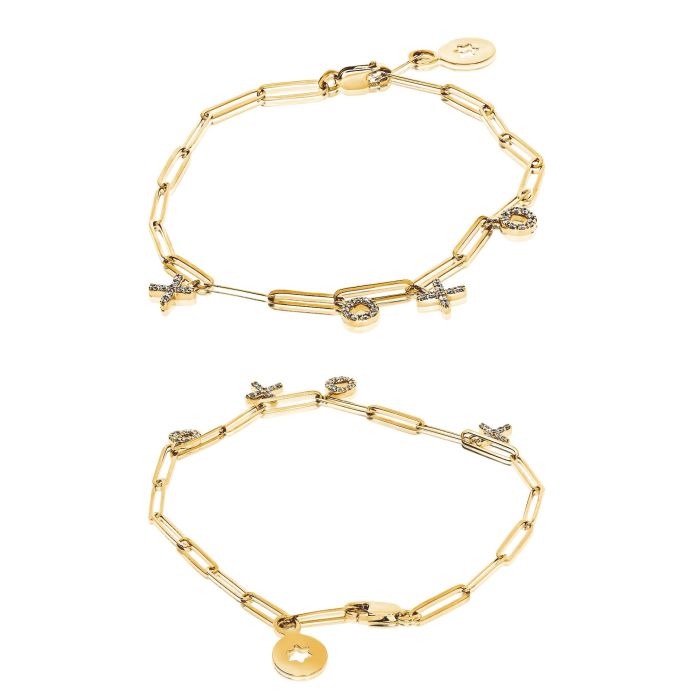 Yellow gold bracelet with diamond X and O charms, radiating charm and sophistication