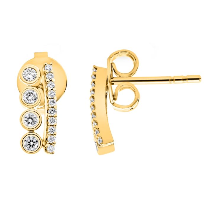 Yellow gold earrings with multiple round diamonds, exuding elegance.