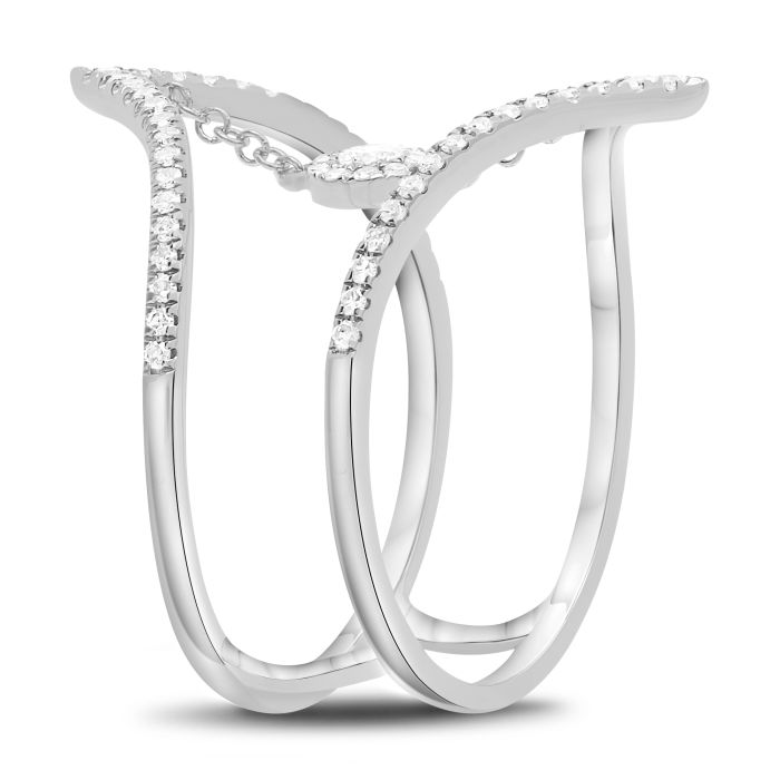 side view of White gold diamond chevron split shank ring