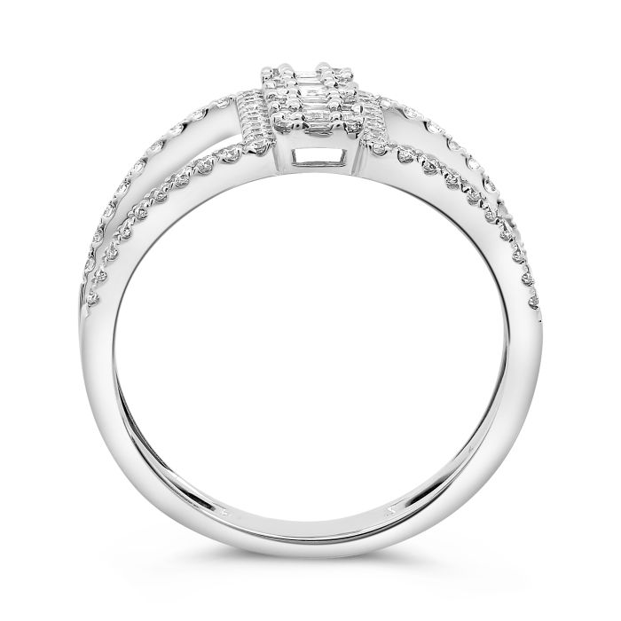 White gold ring featuring baguette and round diamonds on a split shank, side view