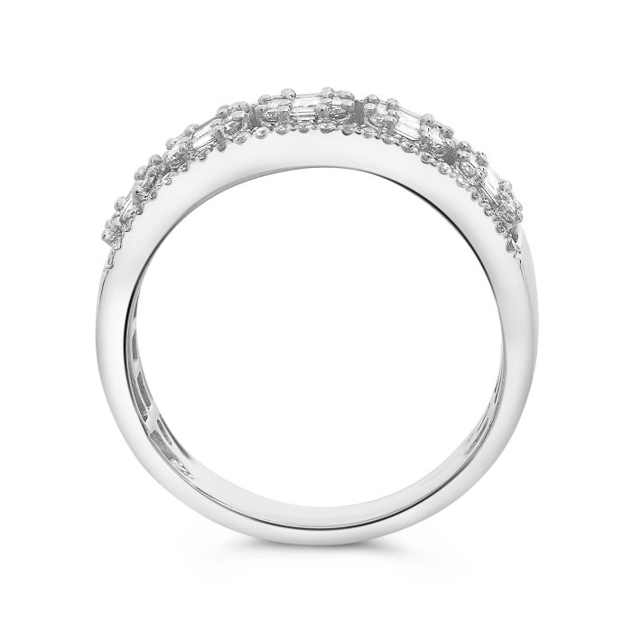 side view of White gold ring adorned with baguette and round diamonds