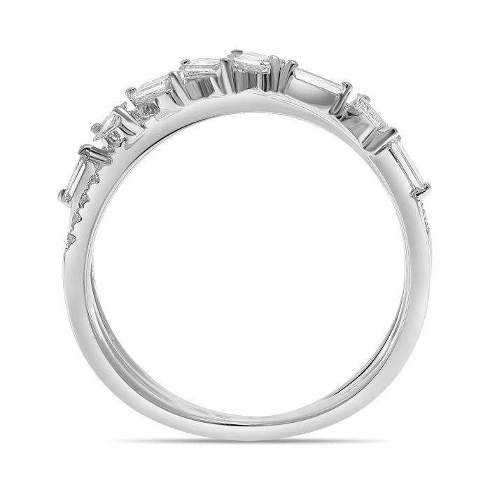 side view of White gold criss-cross ring embellished with baguette diamonds