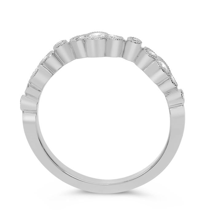 side view of 4K white gold ring featuring bezel-set diamonds