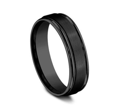 side of black titanium Satin center, polished round edges wedding band