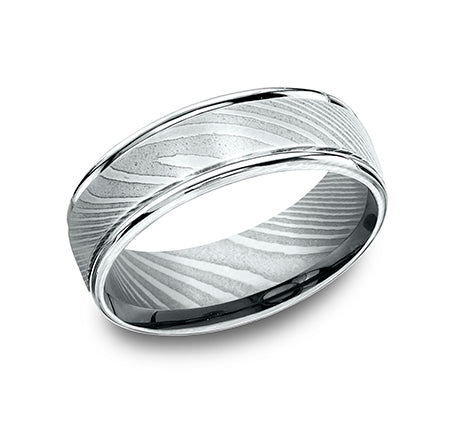 damascus steel, polished round edges wedding band