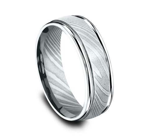 damascus steel, polished round edges wedding band, side view