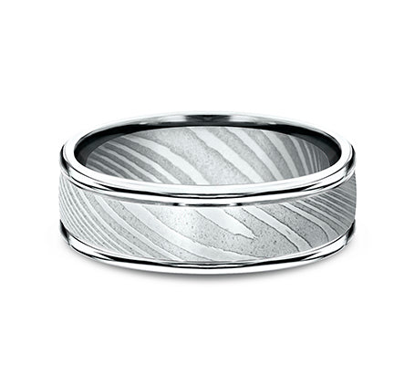 front view of damascus steel, polished round edges wedding band