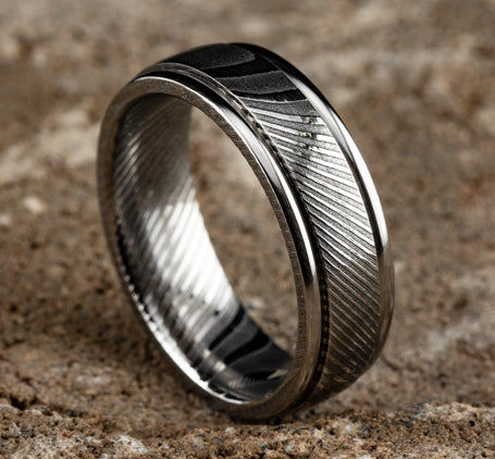 damascus steel, polished round edges wedding band