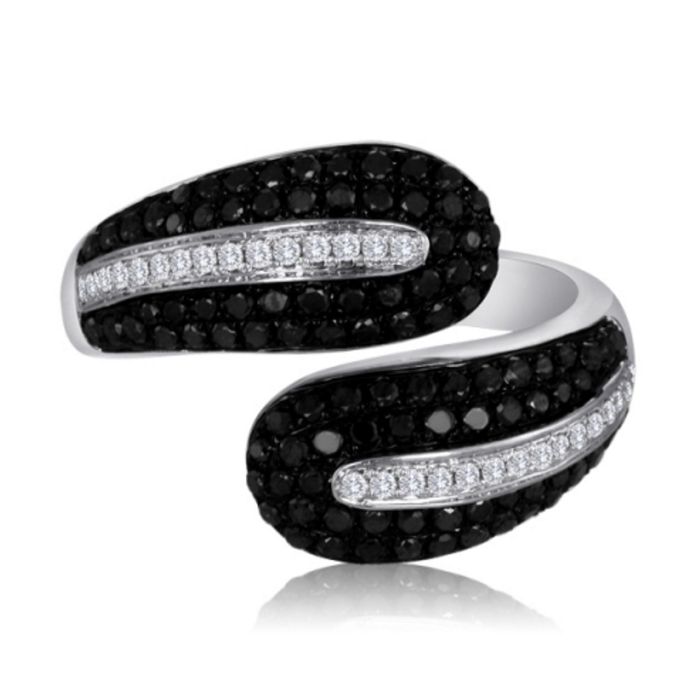 black and white diamond white gold Overlapping Design Diamond Ring, front 