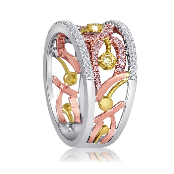 side view of Tri-Gold Diamond Band, pink and yellow