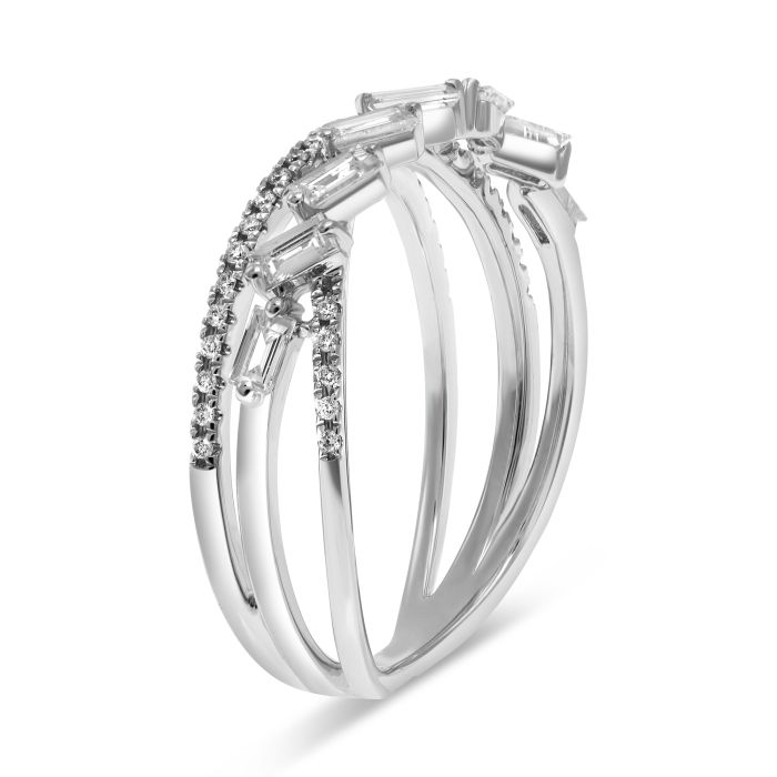 White gold criss-cross ring embellished with baguette diamonds, side view