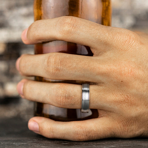 man wearing cobalt white Satin center, polished round edges, wedding band